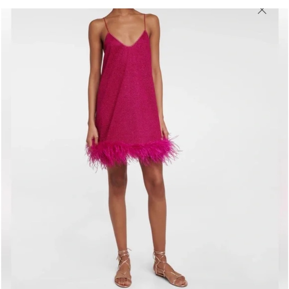 Oseree Fuchsia Feather-Trim Mini Dress